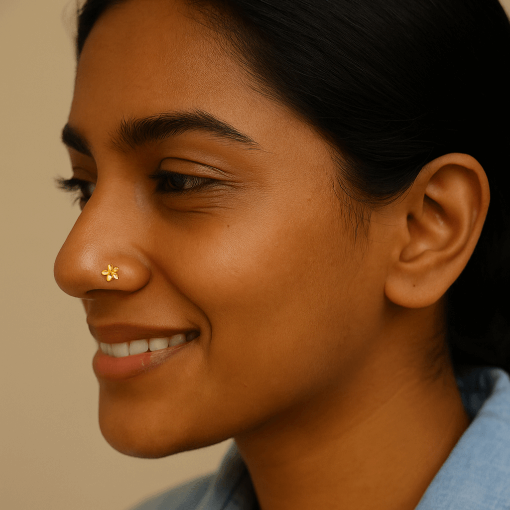 A person smiling wearing a nose pin inspired by the Champa flower with a gold vermeil plating.