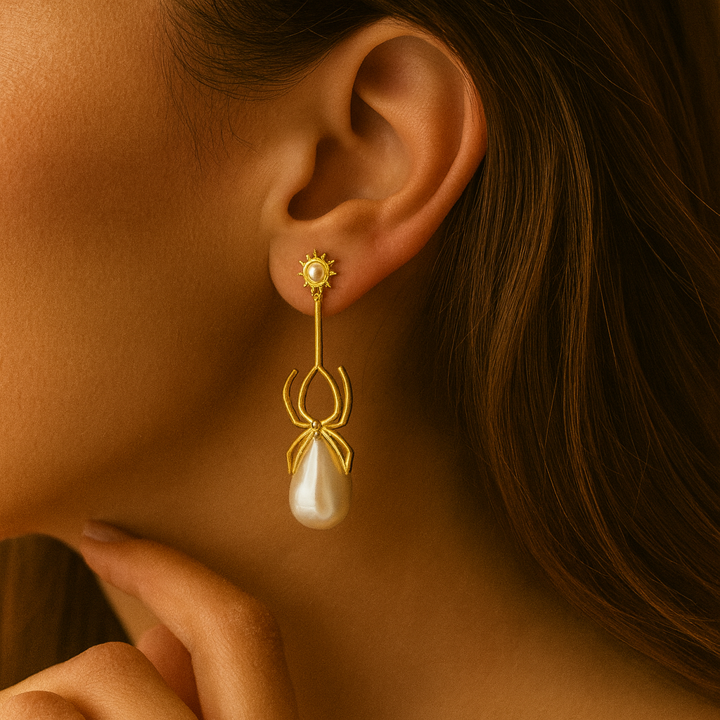 Arachné - The Pearl Drop Spider Earrings featuring a gold spider design with a bold pearl drop.