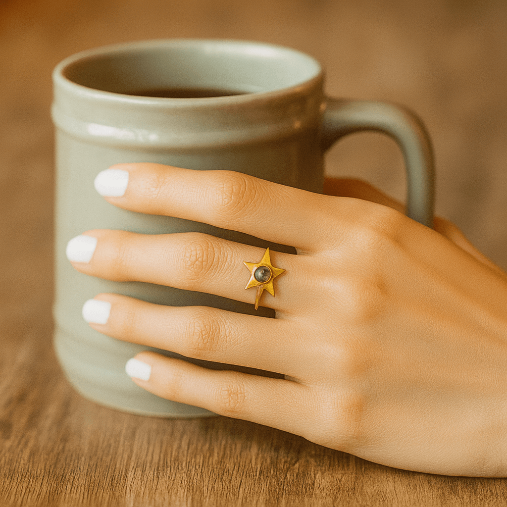 Hand holding a green mug with the Astra star-shaped ring on a wooden surface