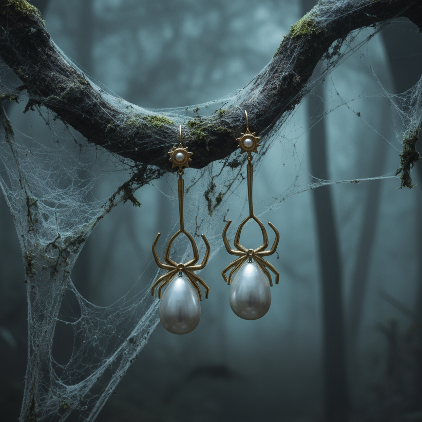 Arachné - The Pearl Drop Spider Earrings with pearl drops hanging amid spider webs