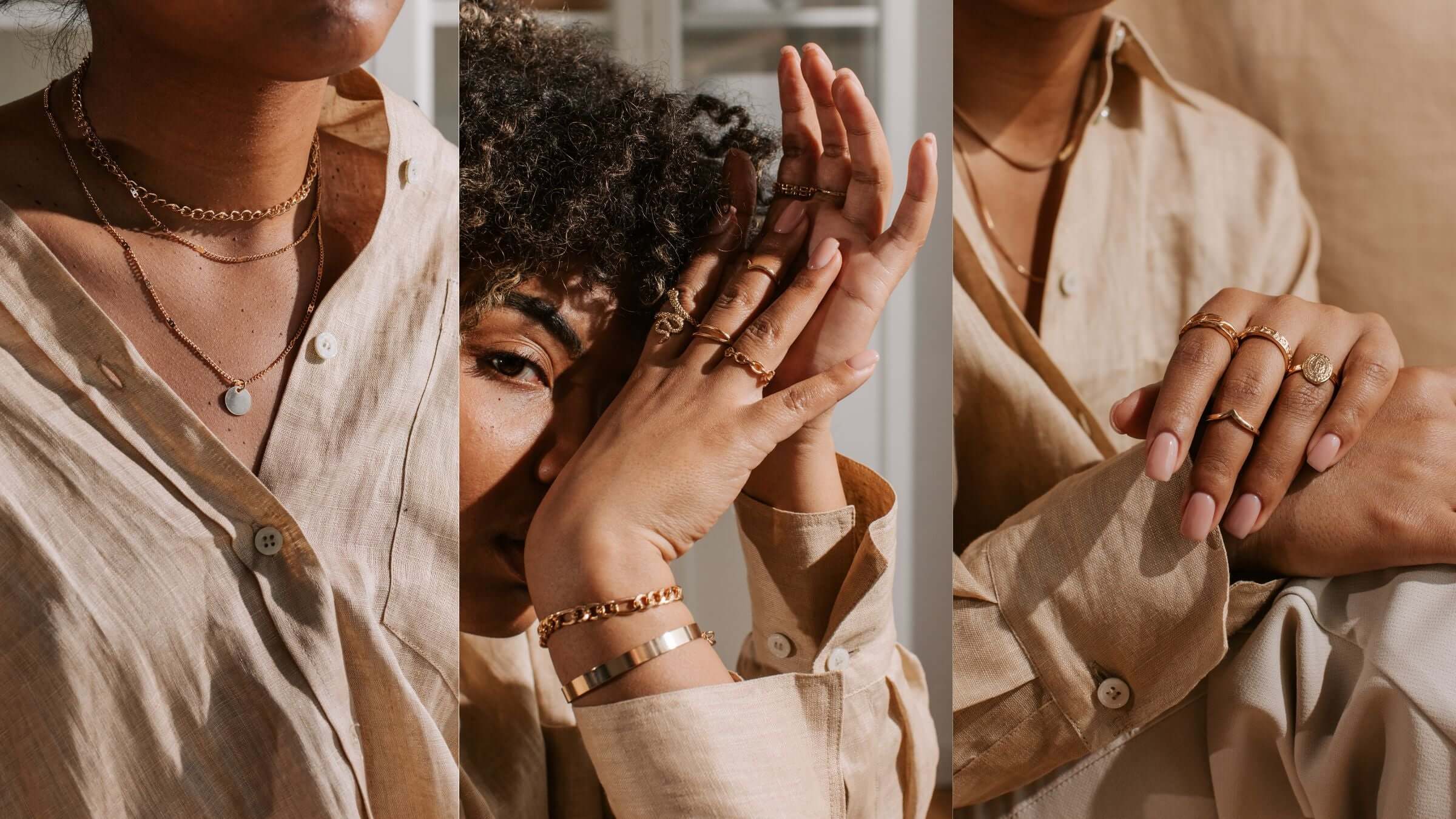 Demi-fine jewellery showcased with models, emphasizing affordable luxury jewellery pieces.