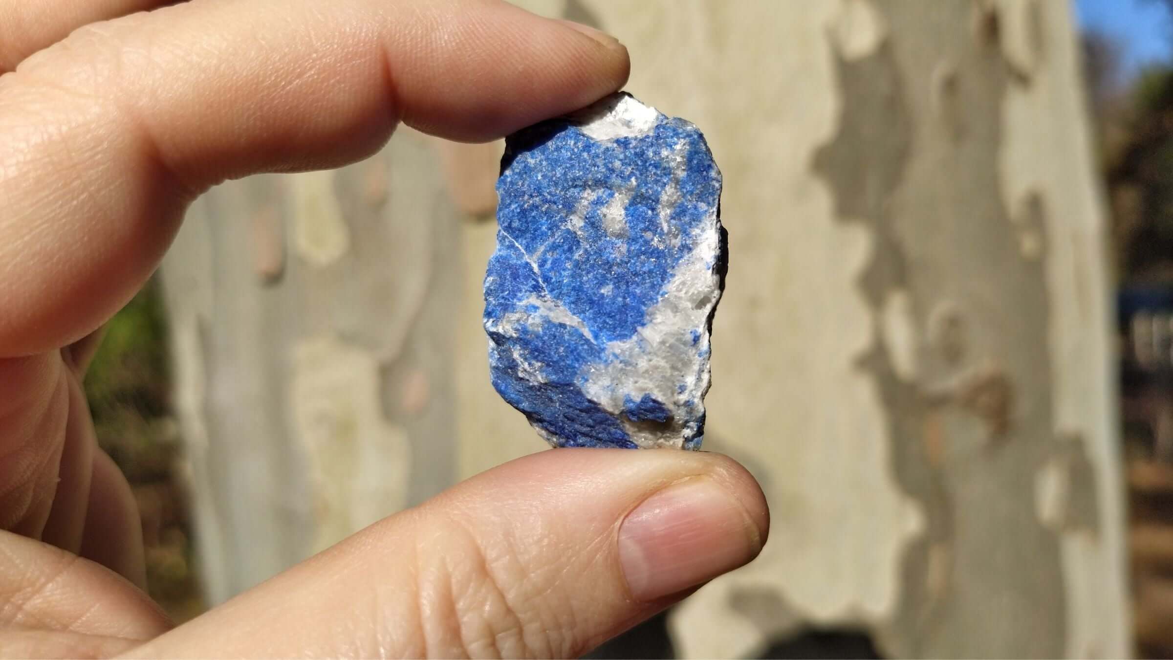 A hand holding a rough piece of lapis lazuli, showcasing its vivid blue color, symbolizing lapis lazuli benefits.