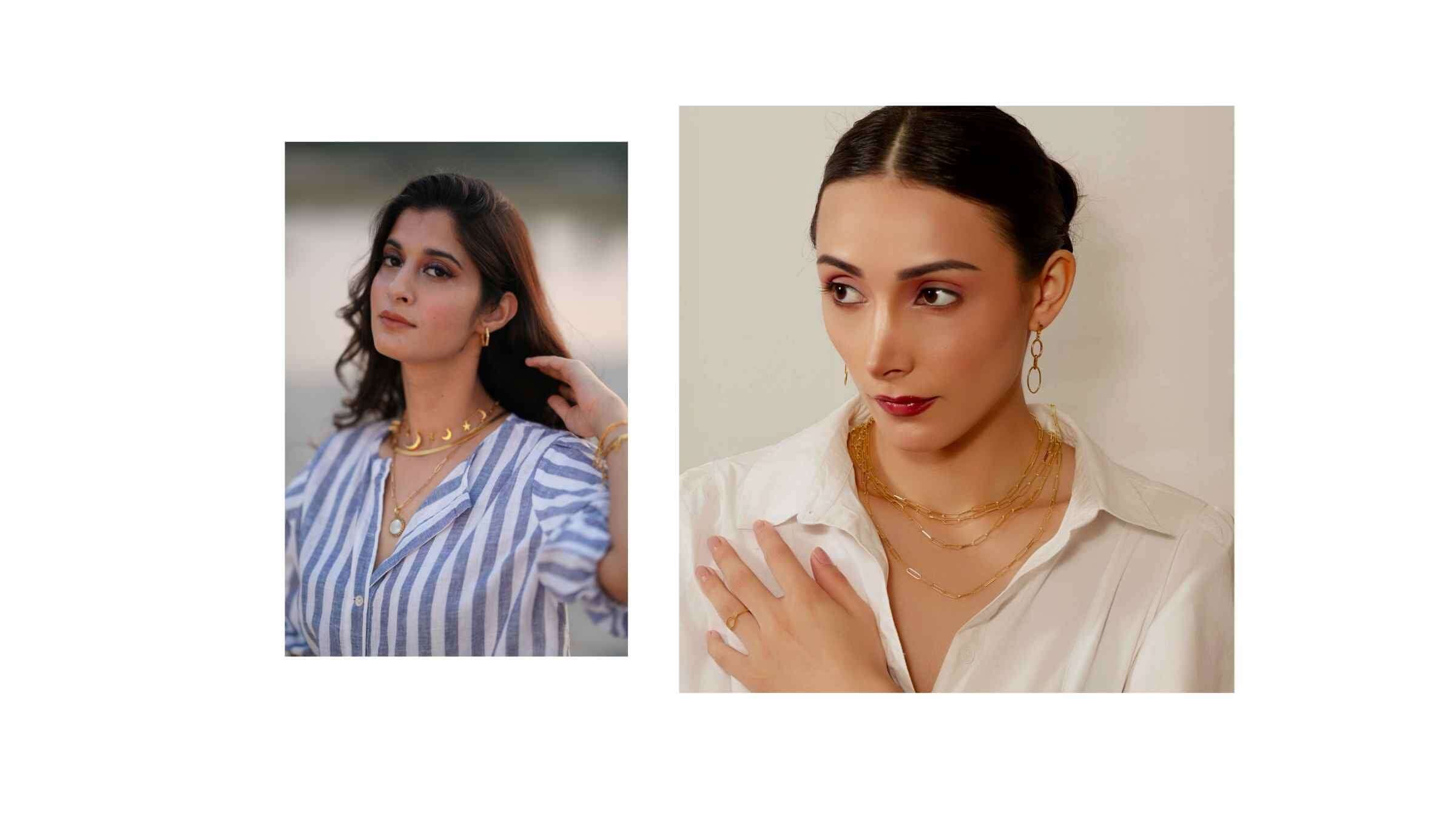 Two women showcasing elegant layering necklaces in a stylish fashion setting for a layering necklaces guide.