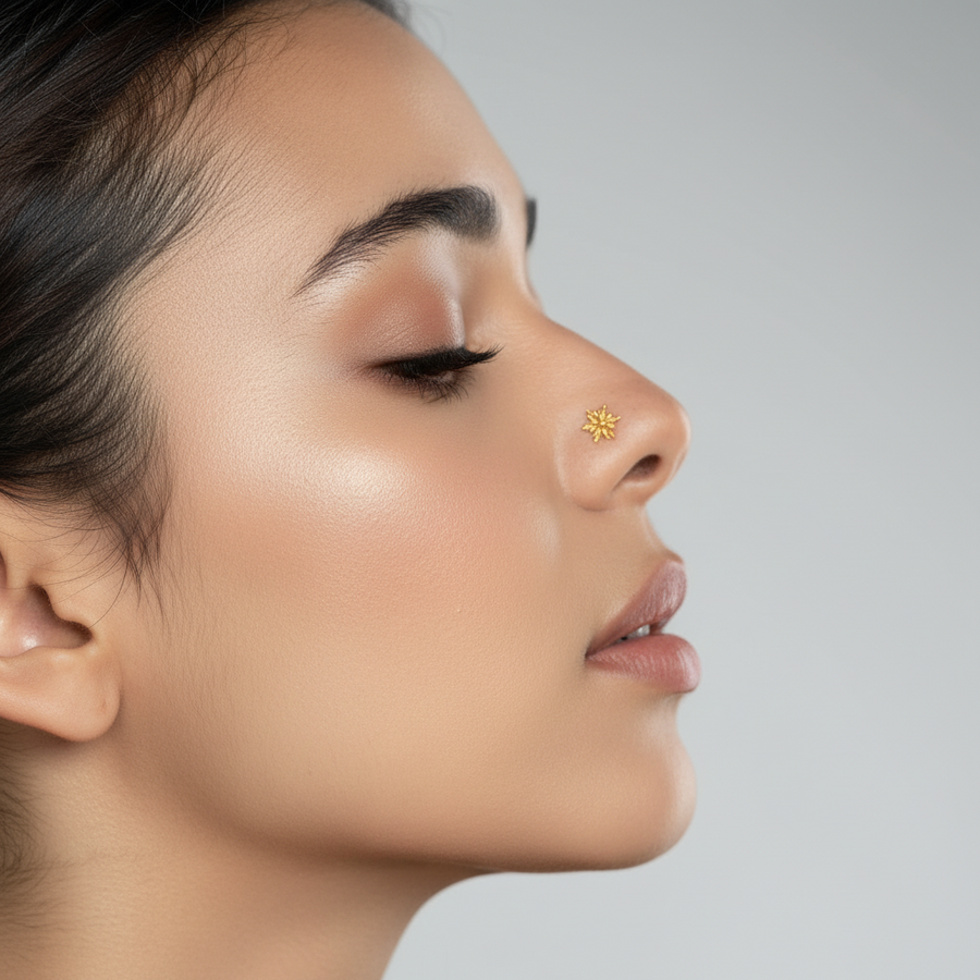 Close-up of a woman's face with a focus on her nose and earrings against a neutral background