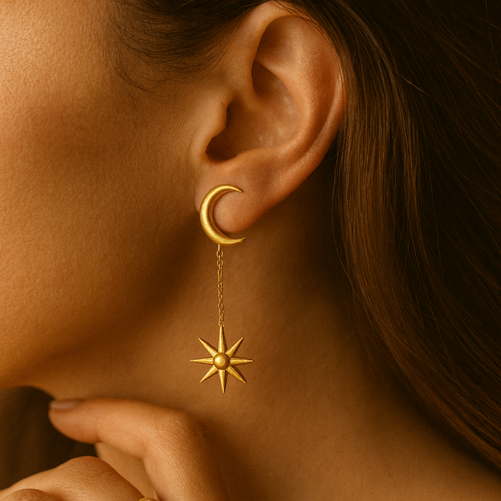 Ray of Light Earrings featuring a sun and moon design, showcased elegantly on a model's ear.