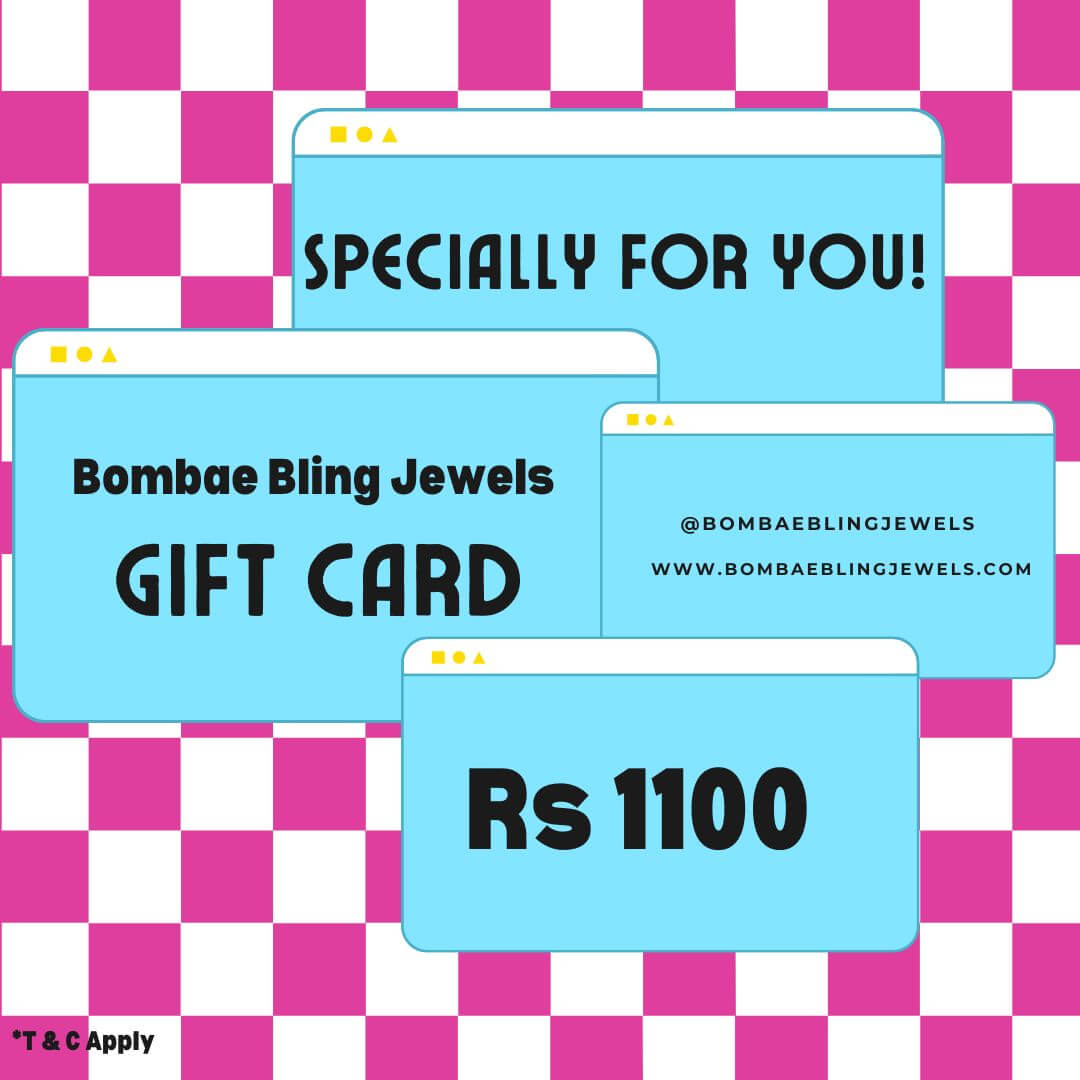 The Bombae Bling Jewels Gift Card design showcasing 'Specially for You!', Rs 1100, and Bombae Bling Jewels branding.