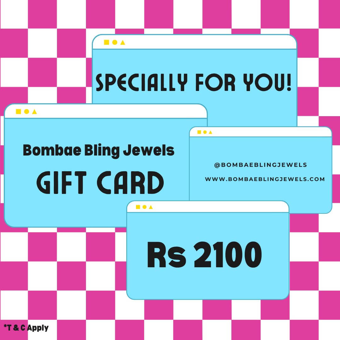 The Bombae Bling Jewels Gift Card design featuring Rs 2100, with a cheerful 'Specially for You!' message on a colorful background.