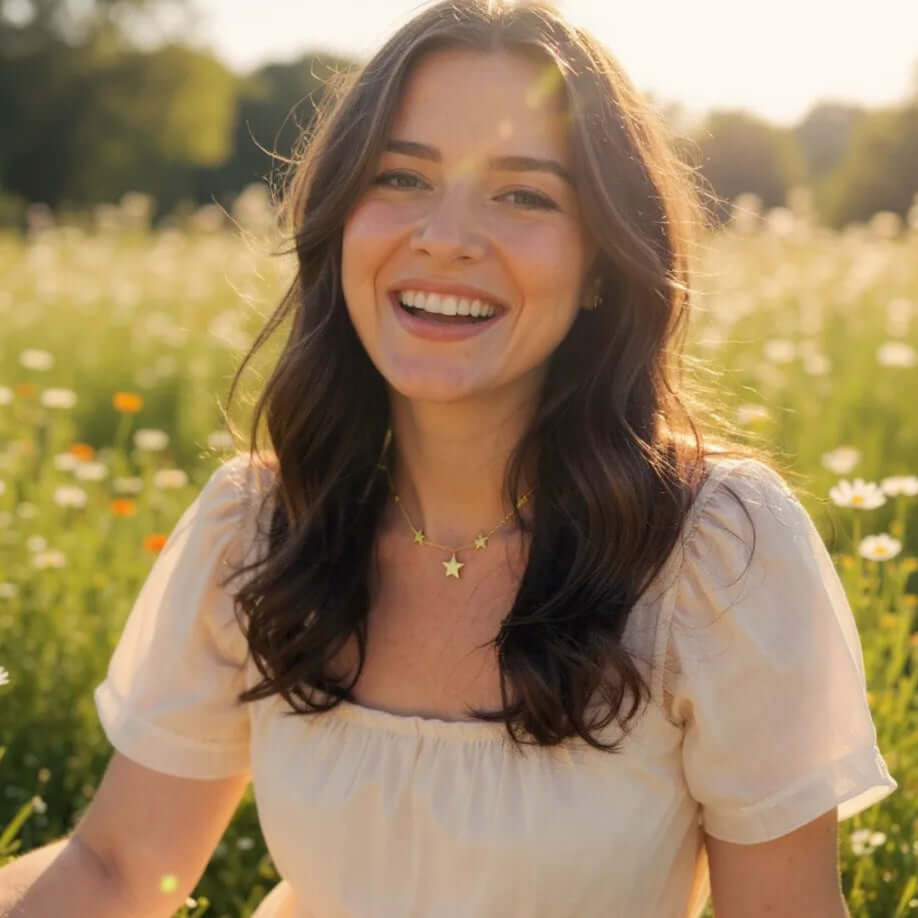 Woman in a white dress sitting in a field of flowers with a blurred background