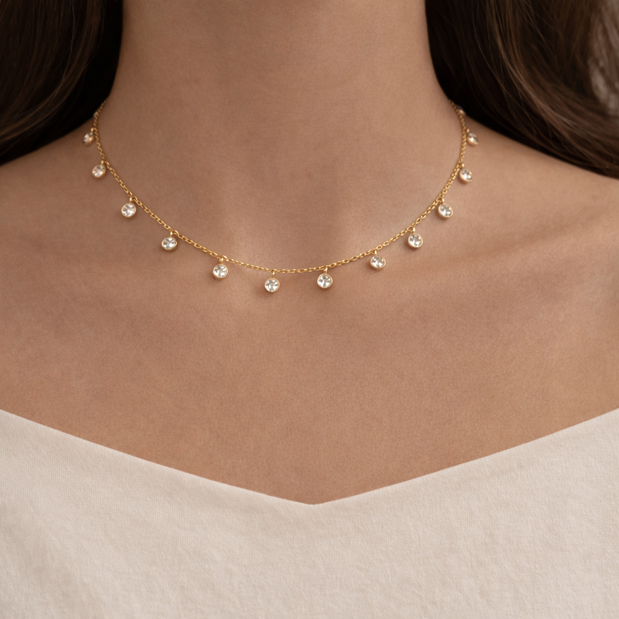 Celeste Diamond Necklace worn elegantly on the neck, featuring high-grade cubic zircon diamonds.