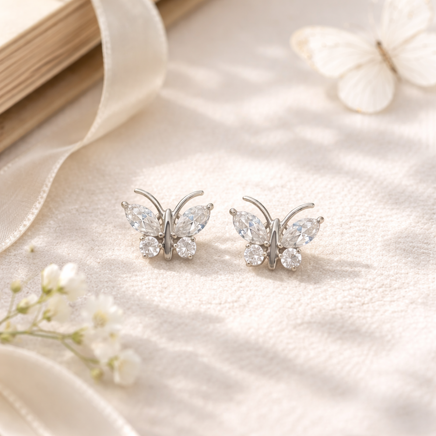 Isla Butterfly Diamond Stud Earrings featuring high-grade cubic zircon diamonds in a butterfly design.
