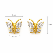 Gold butterfly earrings with clear gemstones and size measurements on a white background