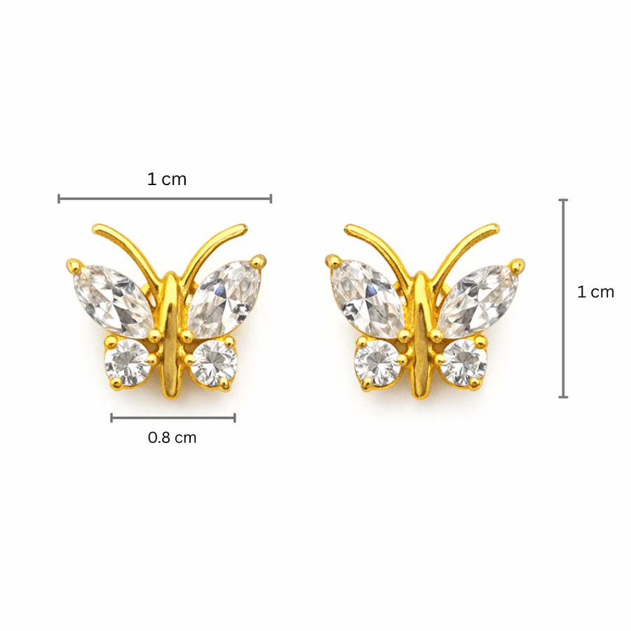 Gold butterfly earrings with clear gemstones and size measurements on a white background
