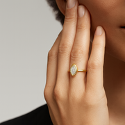 A moissanite diamond ring worn by a model, close up of the hand