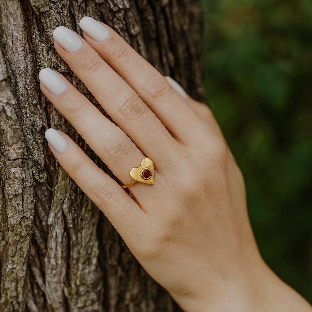 Hand with a gold ring featuring a heart-shaped gemstone against a tree bark background